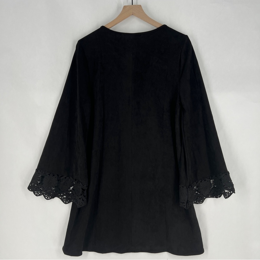 JODIFL Black Faux Suede Crisscross V-Neck Lace‎ Trim Flare Sleeve Dress M - Picture 9 of 12